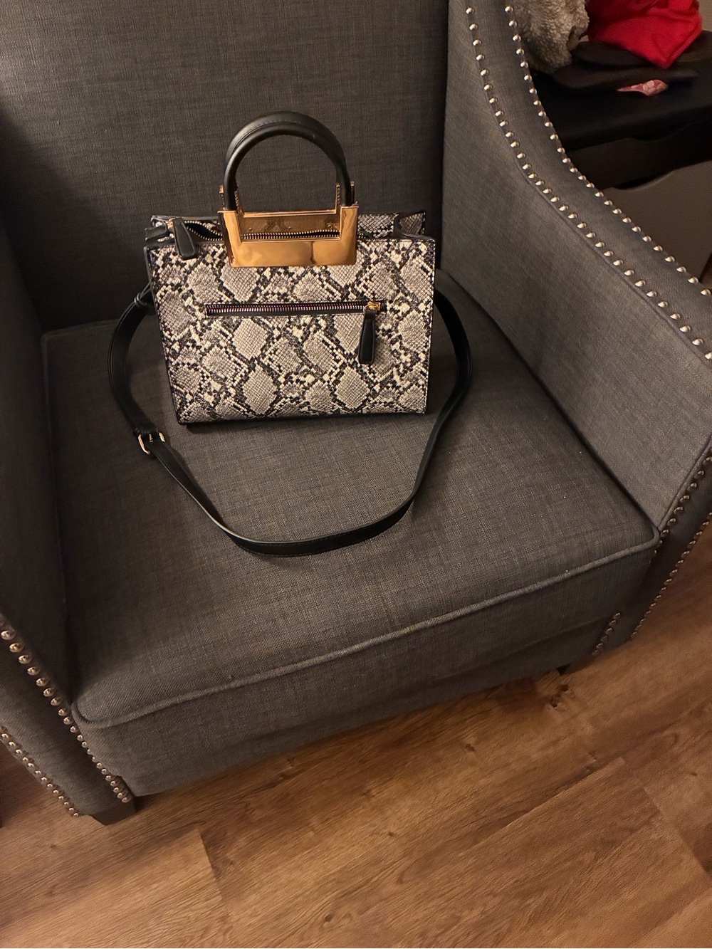 Mystique Boutique Black & Cream Snake-Print Satchel with Gold Accent